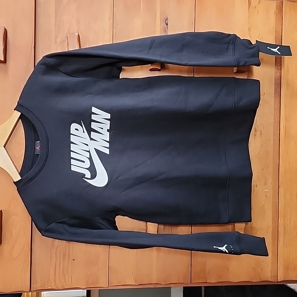 Jordan: "Jump Man" Fleece Crew Sweatshirt, Black/White, Big Boys Large